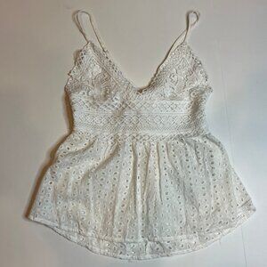 White Eyelet Tie Back Tank Top SZ S V Neck Pretty Country Festival Cottagecore